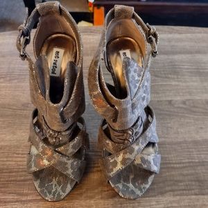 Leopard Print Studded Metallic Platform Heels, Size 7